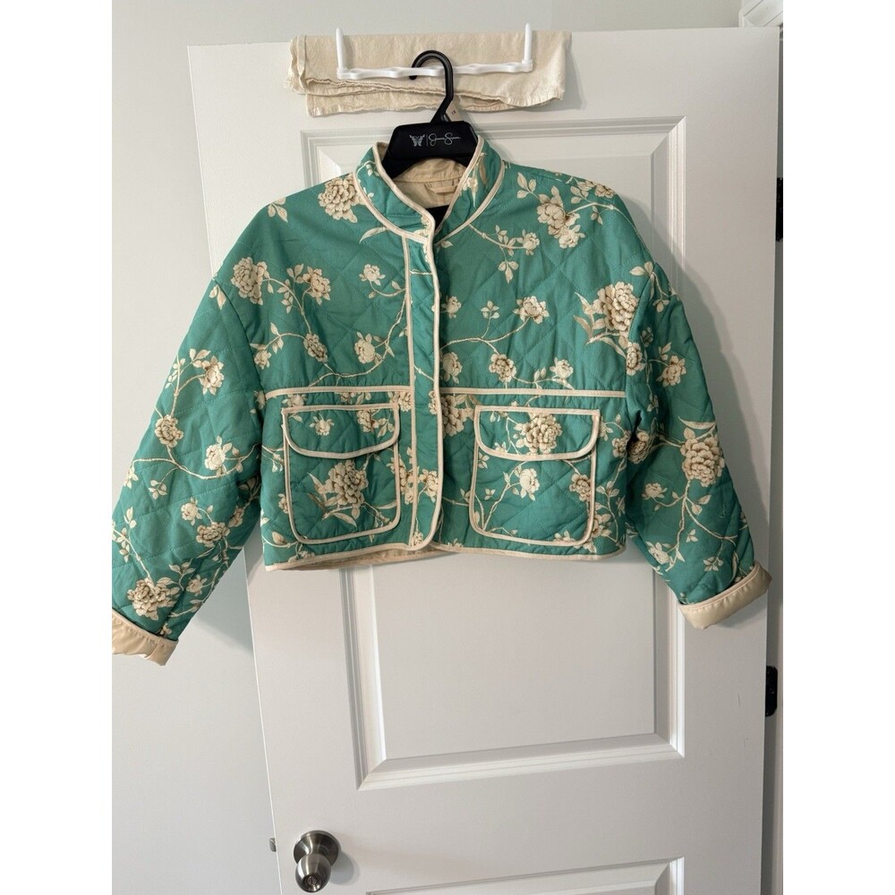 7 For All Mankind Green Floral Quilted Crop Jacket | NWT | Kimono | Large |
